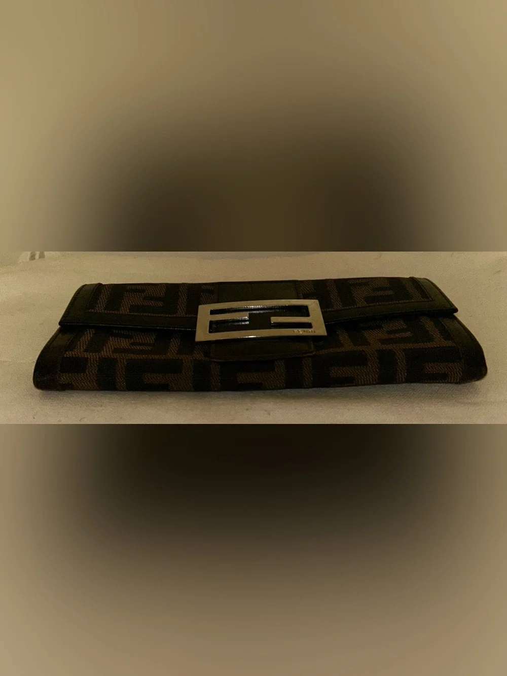 Fendi Brown and Black FF Logo Canvas Clutch with Silver F Buckle - Picture 6 of 10
